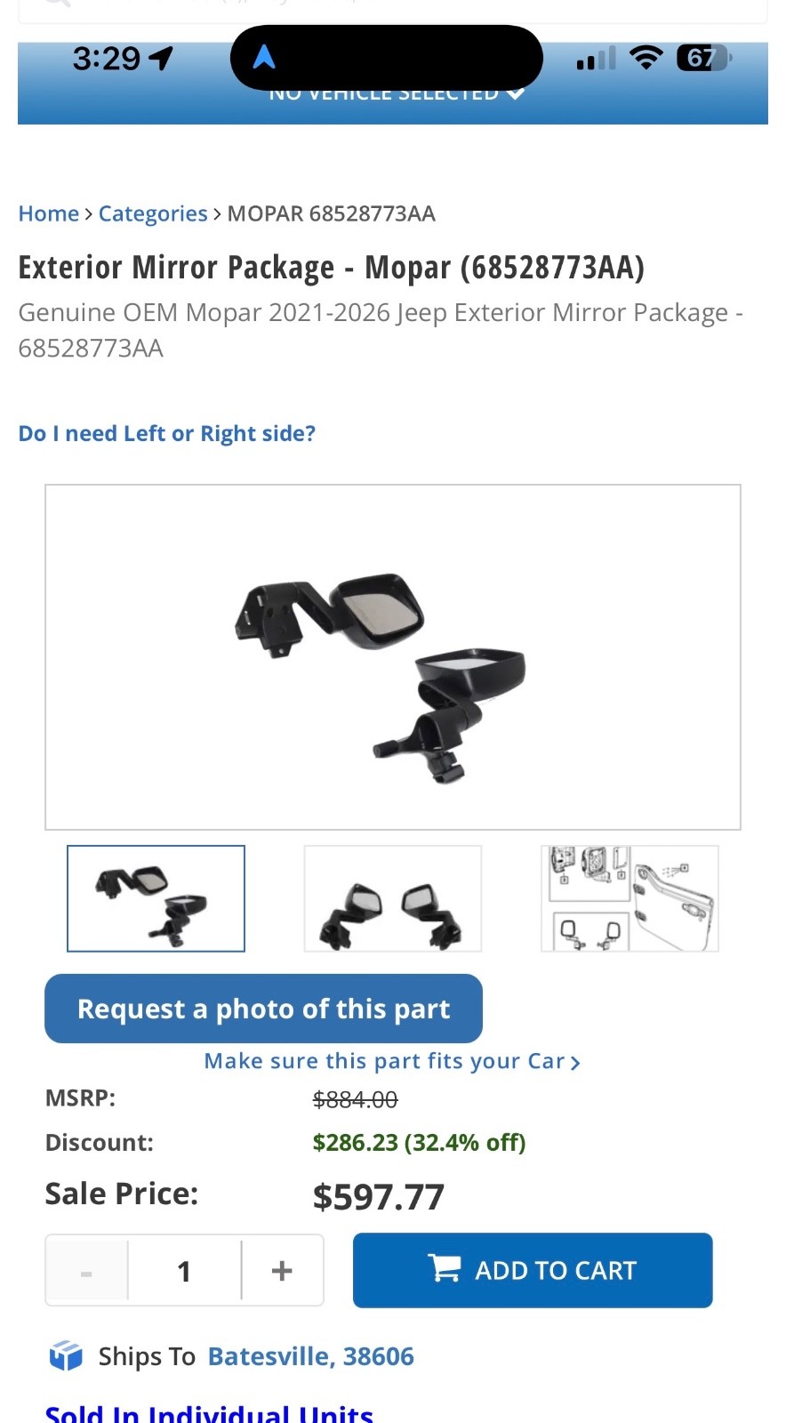 NEW OEM Mopar 68528773AA Doors‑Off Mirror Kit for Jeep Wrangler Gladiator JL