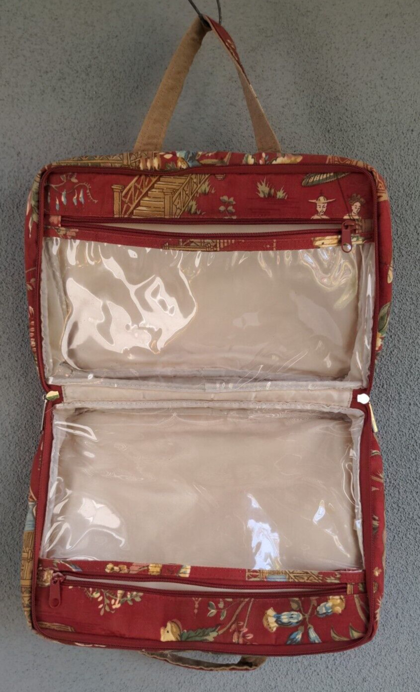 Modella 14″ Lrg Toiletry Travel Bag Organizer Red Gold Fabric Pagoda Asian Scene