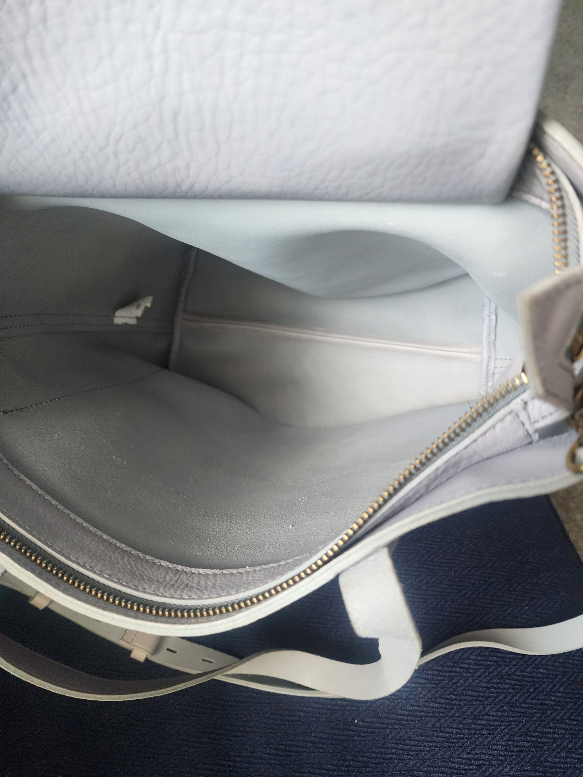 Madewell Light Gray Leather Tote Bag with Detachable Strap, Pouch, Zip Closure