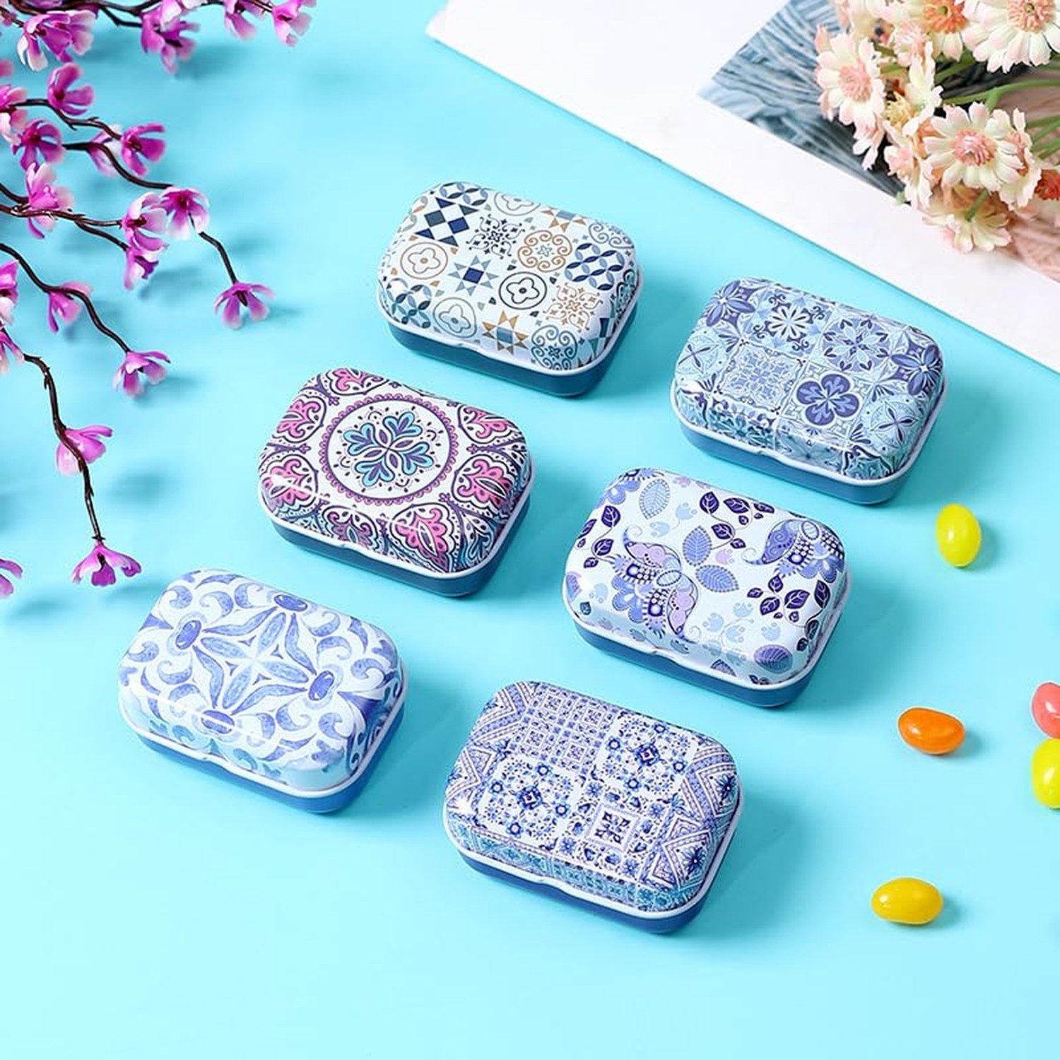 8Pcs Metal Hinged Tin Box Container Floral Farmhouse Rustic Mini Portable Sma…