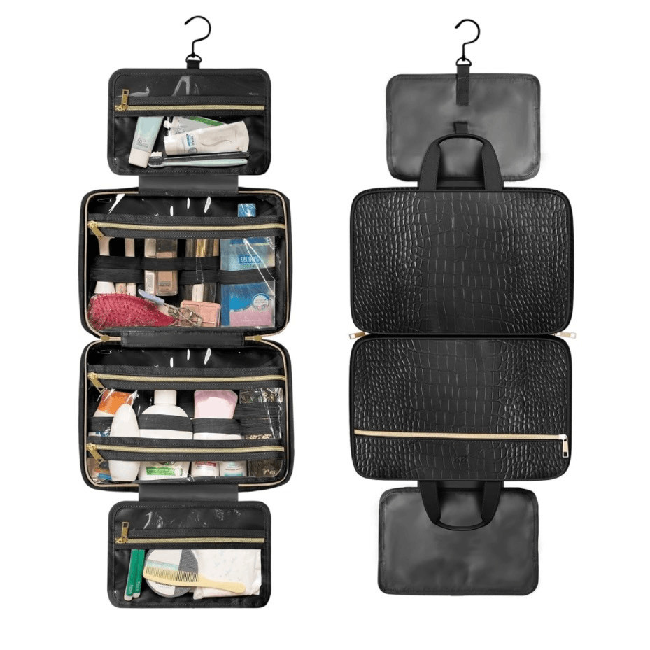 Leather Hanging Toiletry Bag for Men Women Spacious Toiletry Travel Bag Black