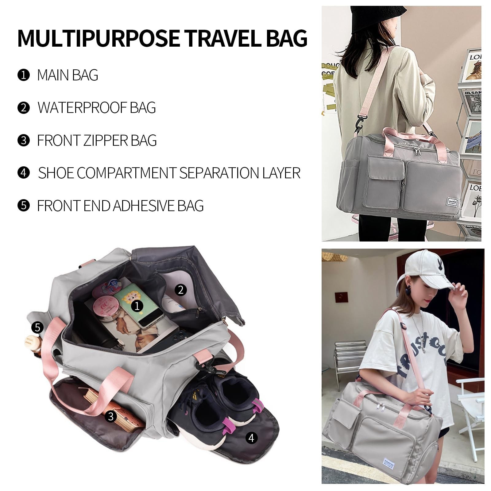 Travel Duffel Tote Bag with Dry Wet Separation Pocket, Weekender Bag for Wome…