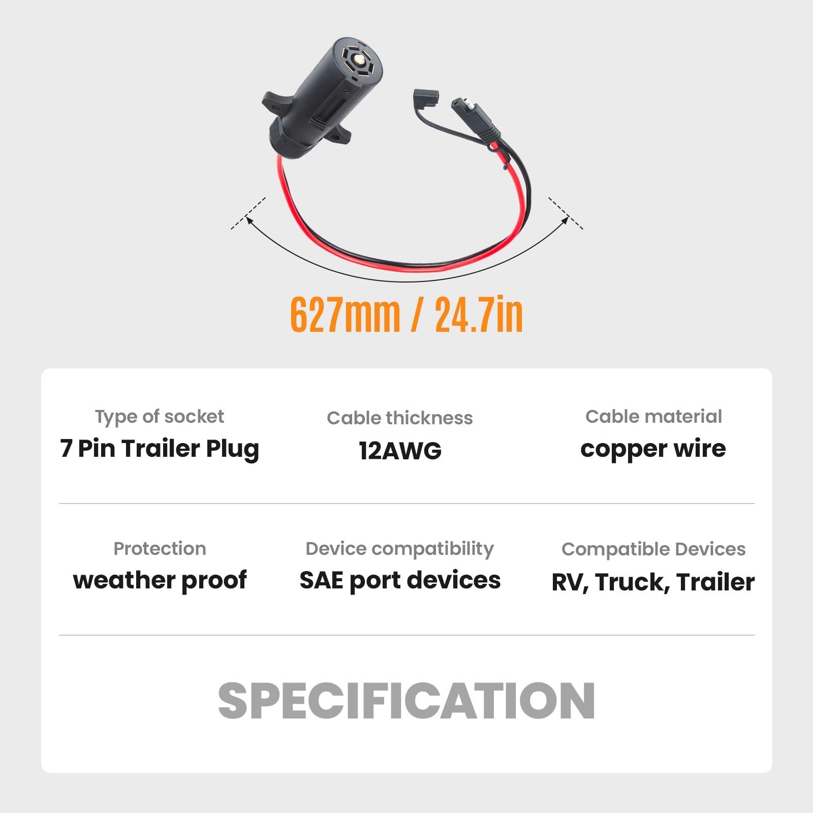 7 Pin Trailer Plug to SAE Connector Adapter – Heavy Duty 10AWG 7 Pin Trailer …