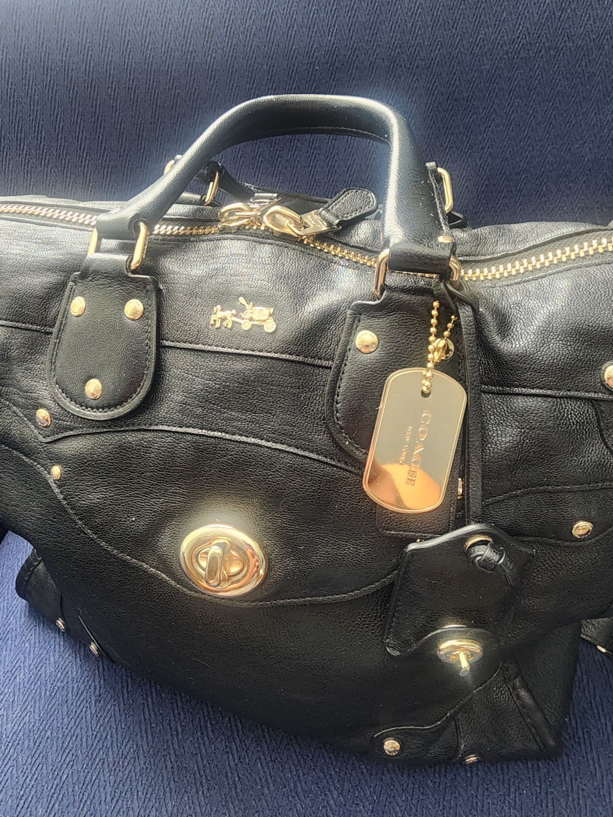 Coach Black Satchel Top Handle Gold Hardware Studded Accents Detachable Strap