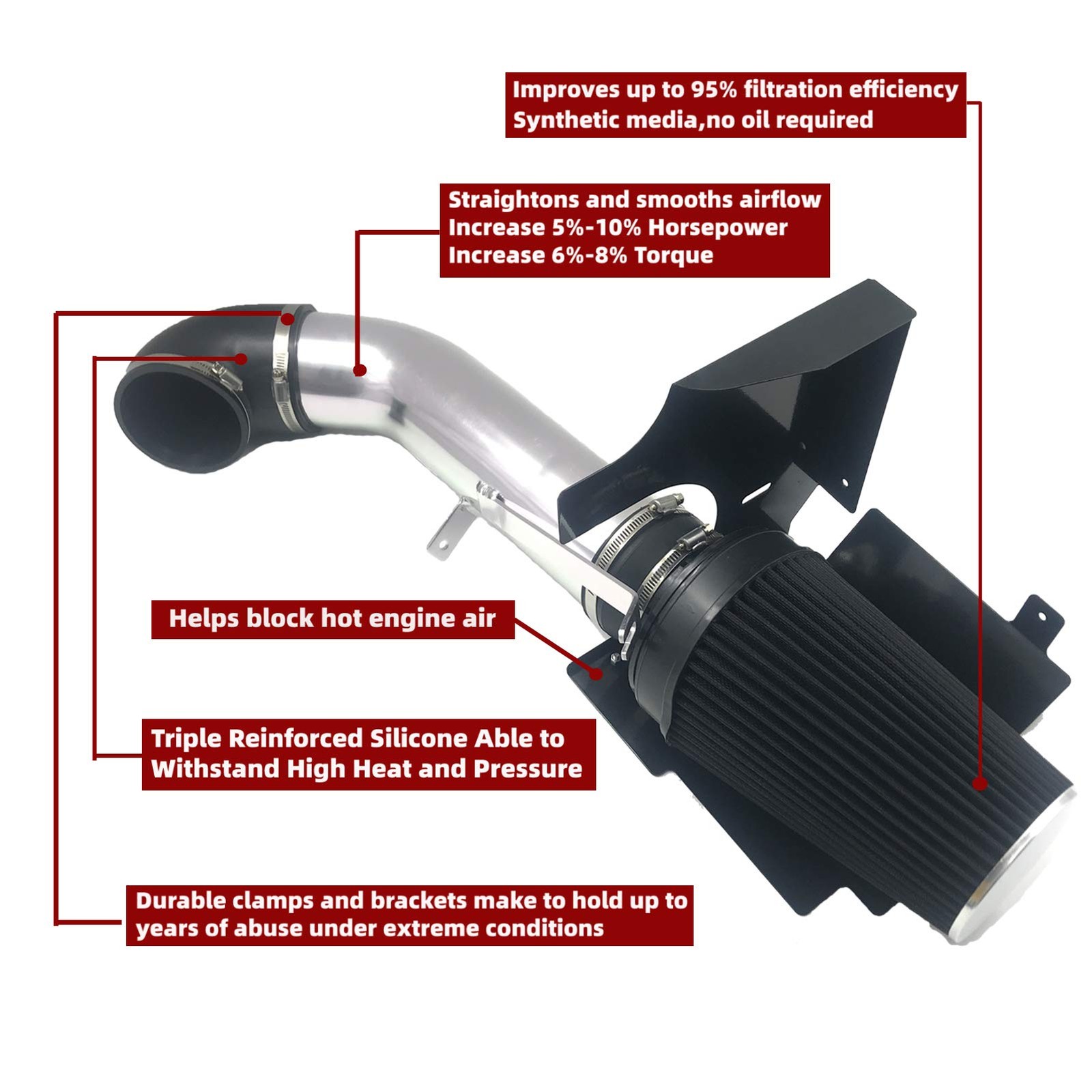 4 Inch Performance Cold Air Intake Filter Kit with Heat Shield Silver & Black