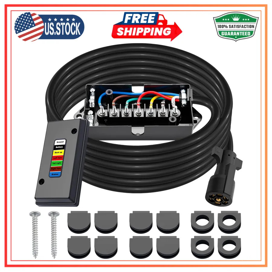 15FT 7 Way Trailer Wiring Harness Kit with Junction Box for RV Camper Trailer