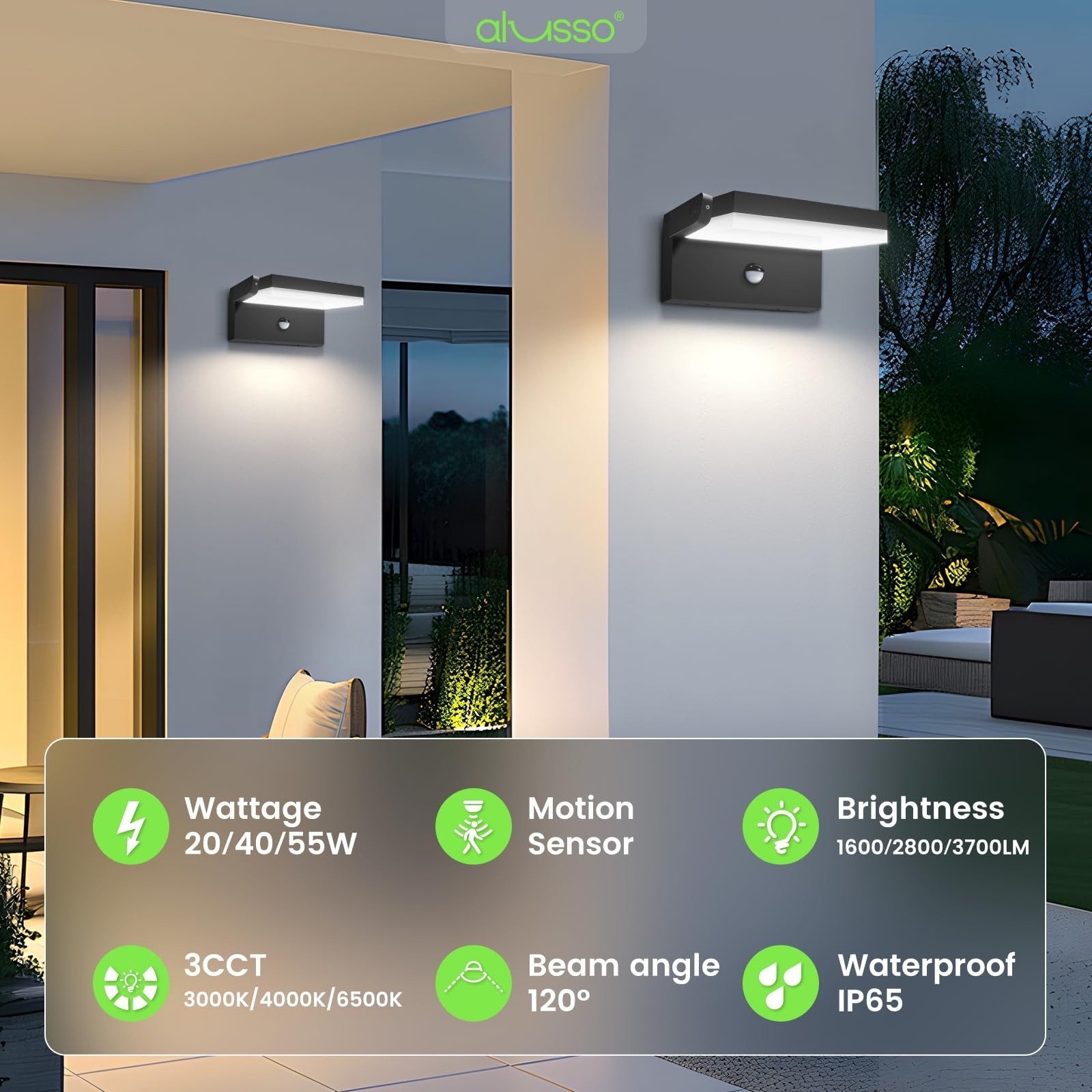 ALUSSO® 20W/40W/55W LED Outdoor Motion Sensor Wall Light, 3000K/4000K/6500K