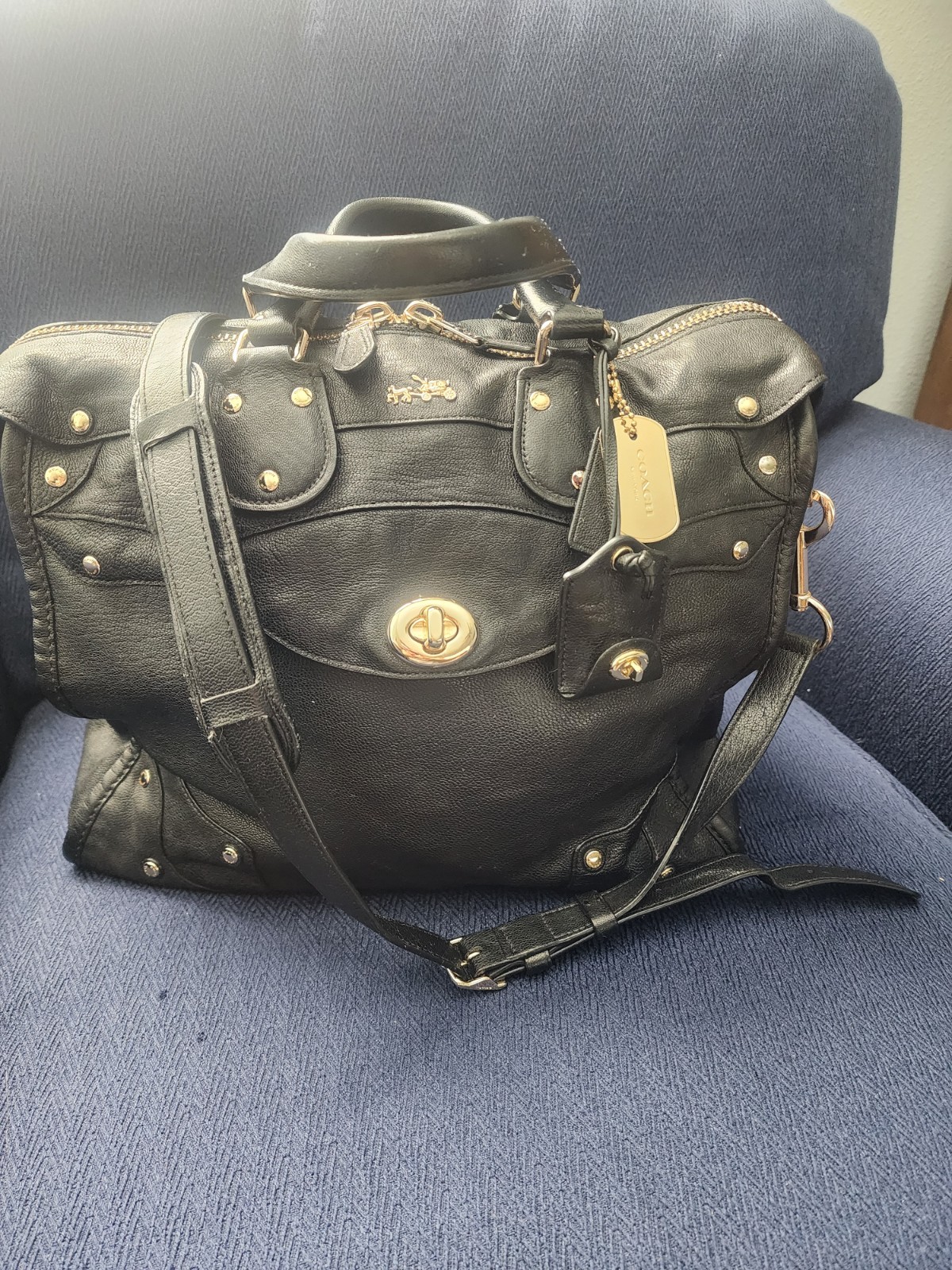 Coach Black Satchel Top Handle Gold Hardware Studded Accents Detachable Strap