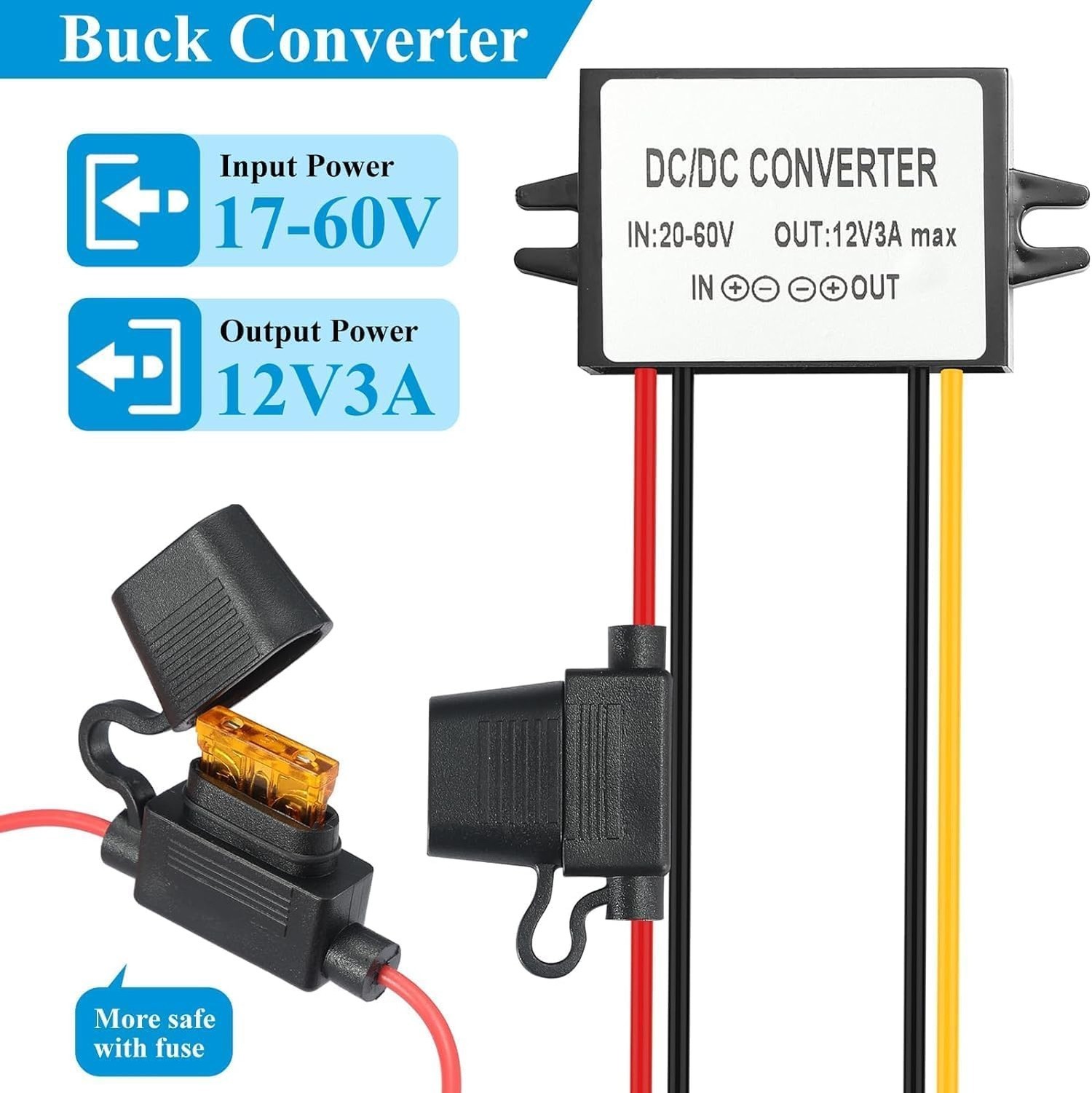 3A 36W DC 24v to 12v Buck Converter, Power Adapter for Cars, Trucks, Vehicles…