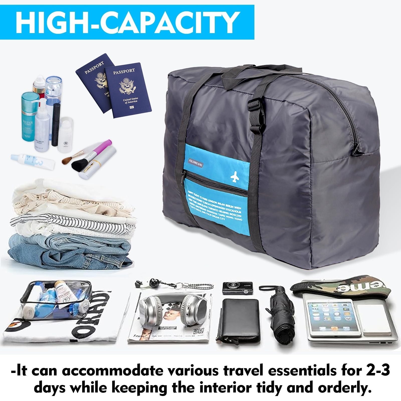 Foldable Travel Duffel Bag Sports Gym Tote Water Resistant Carry on Luggage b…