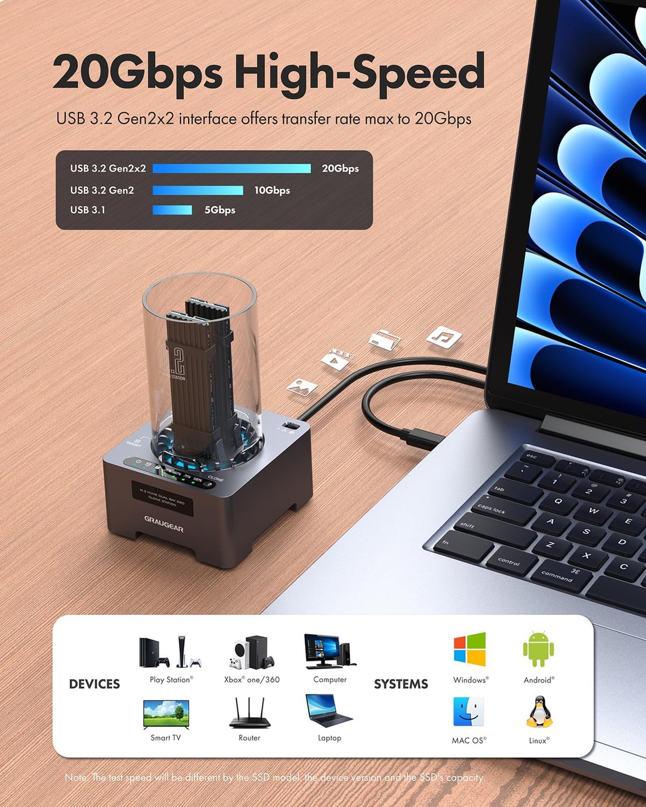 GRAUGEAR NVMe M.2 SSD Duplicator Dual-Bay Offline Clone Tool-Free, 20Gbps USB…