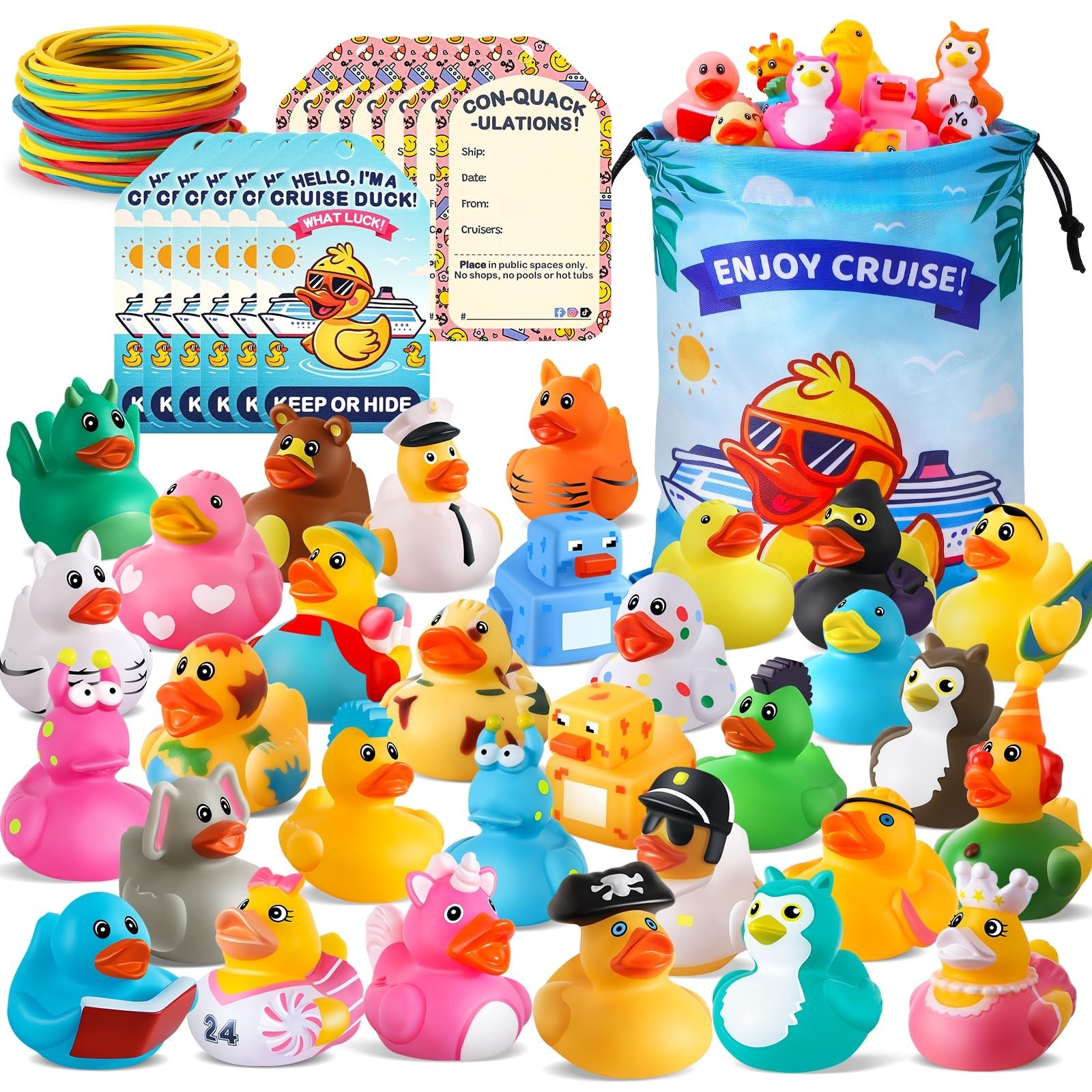 180 Pcs Cruise Rubber Duck Kits – Assorted Ducks, Tags, Bands & Storage Bag – Ca