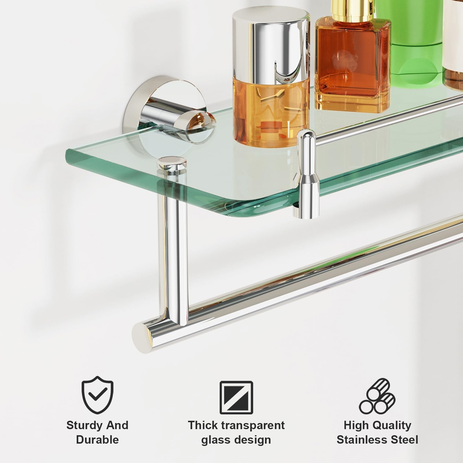20-Inch Floating Tempered Glass Bathroom Shelf with Towel Bar – Chrome Polish…