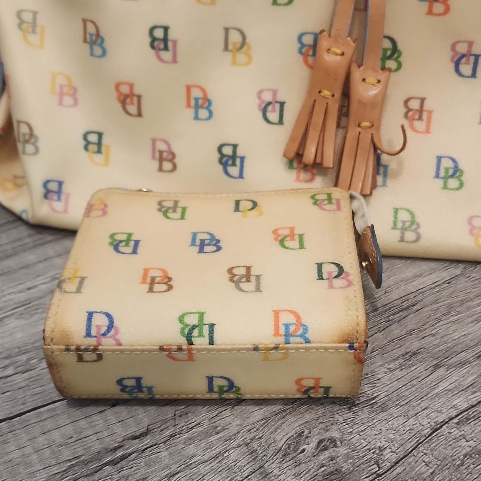 Dooney & Bourke Monogram Satchel Cream Multicolor Strap & matching coin wallet