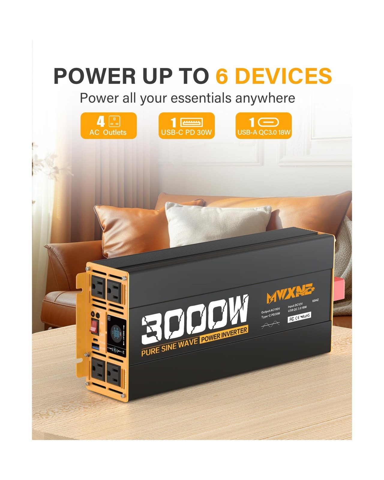 3000W Pure Sine Wave Inverter 12V DC to 110V 120V AC Converter for RV Truck H…