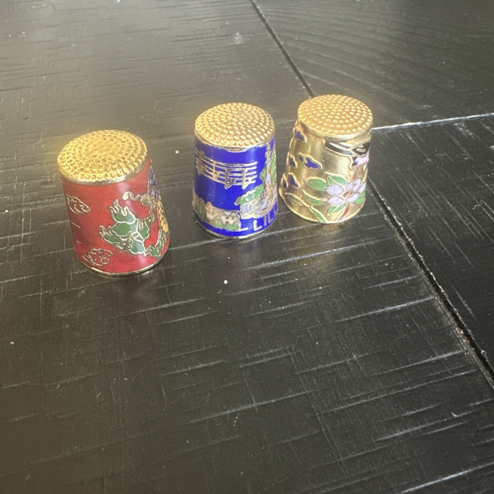Vintage gold toned cloisonné enamel Thimbles x 3 great quality