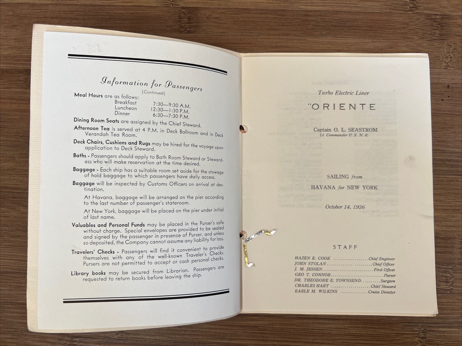 Oriente Turbo-Electric Liner List Of Passengers Book 1936 Havana To New York VTG