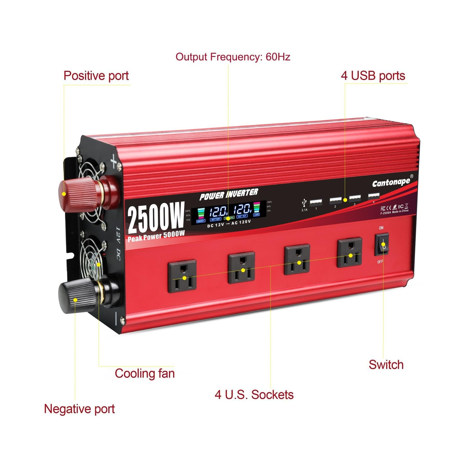 2500W Power Inverter 12V to 110V/120V DC to AC with LCD Display, Remote Contr…