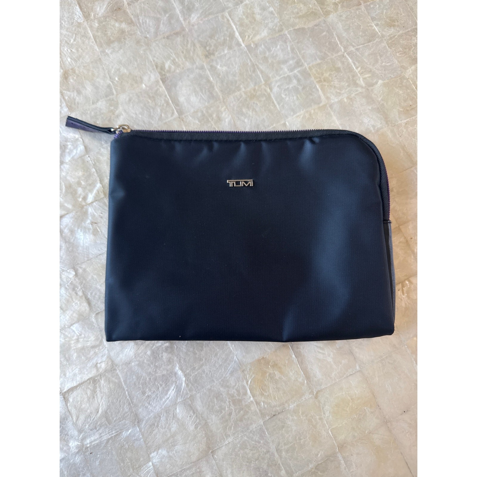 Tumi travel bag black and purple w silver logo zip around toiletry case pouch