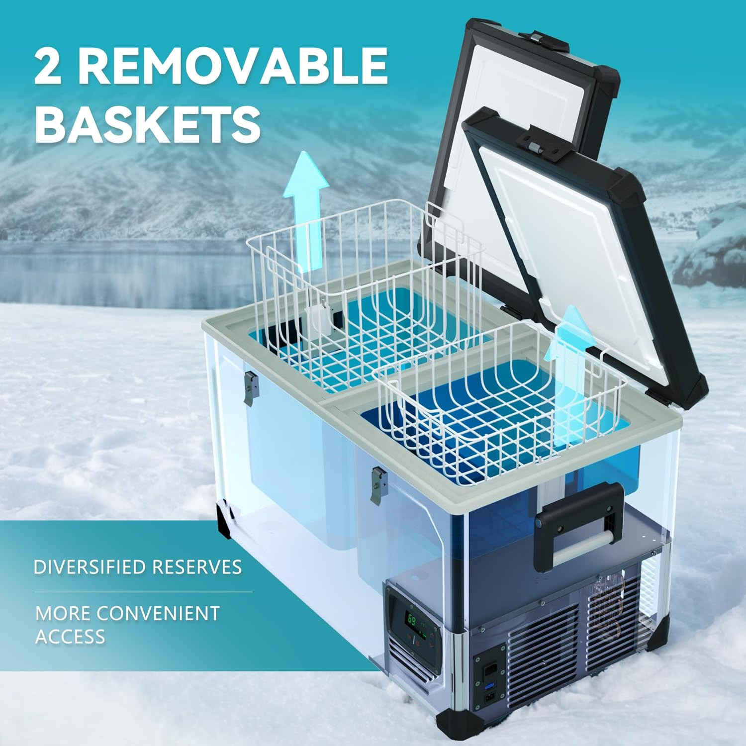 69QT 12V Electric Cooler, Dual Zone Portable Fridge for Camping & Travel