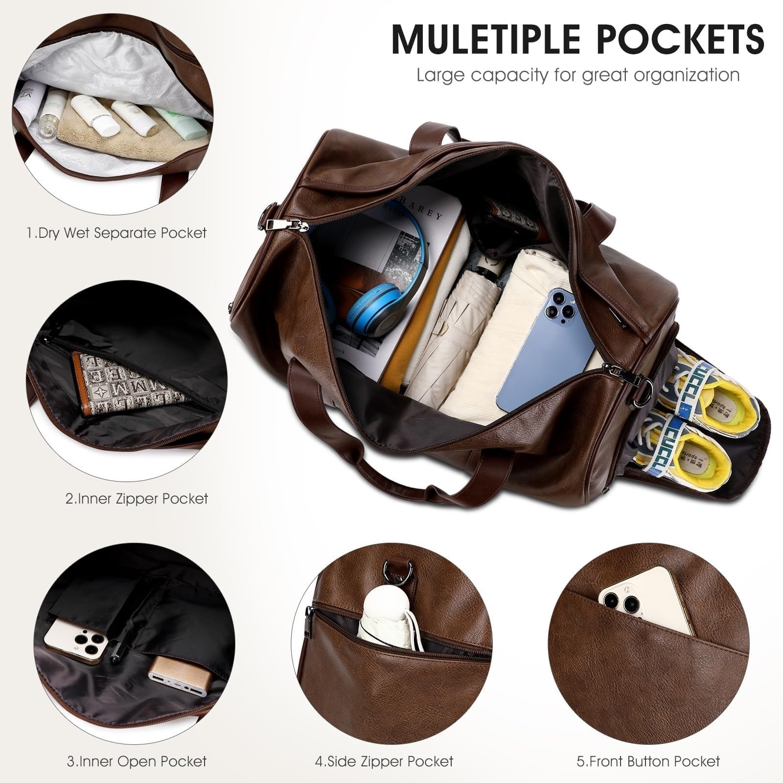 3PCS Faux Leather Weekender Bag for Women Men Travel Bag Overnight Bags | Lea…