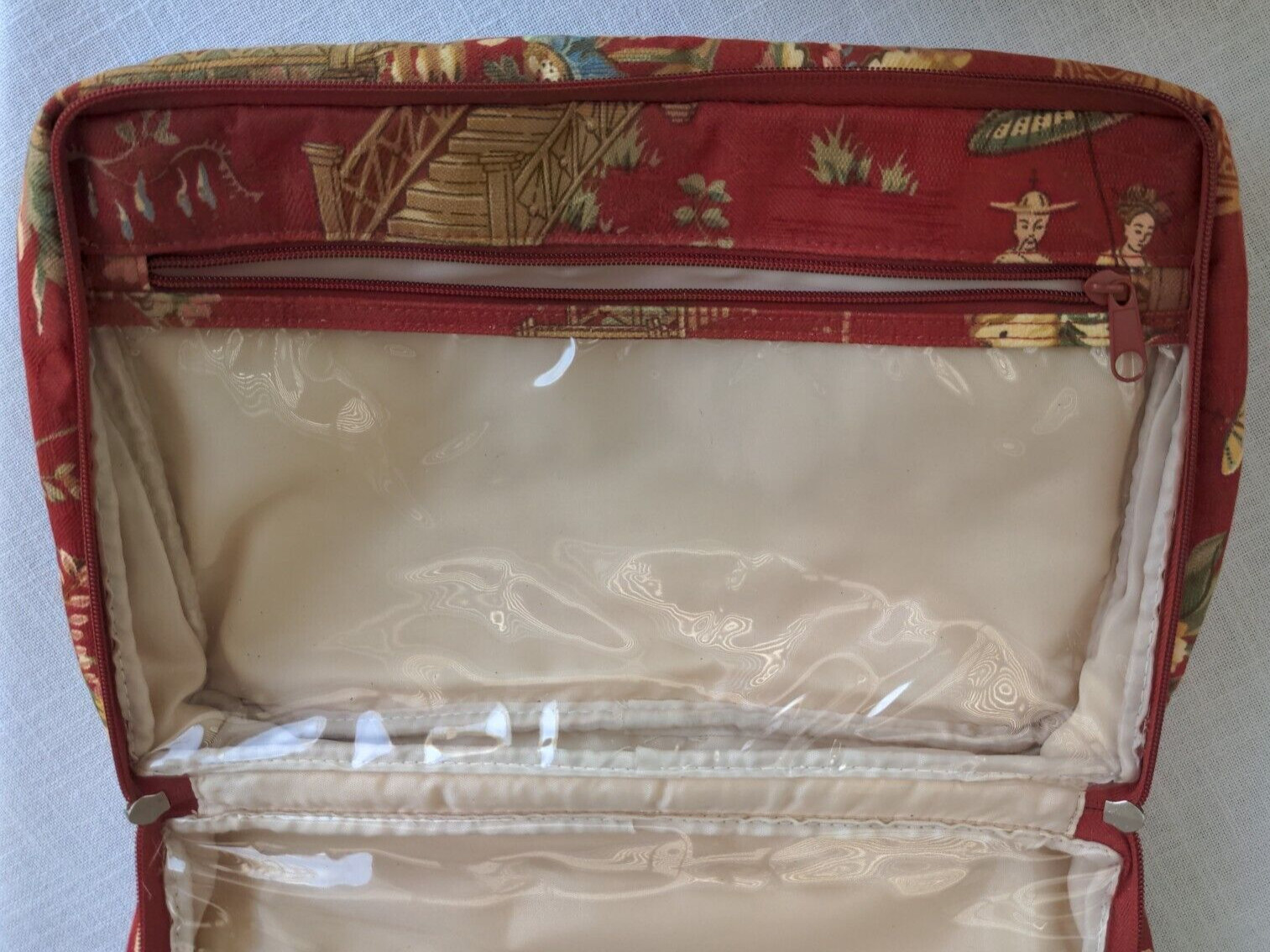 Modella 14″ Lrg Toiletry Travel Bag Organizer Red Gold Fabric Pagoda Asian Scene