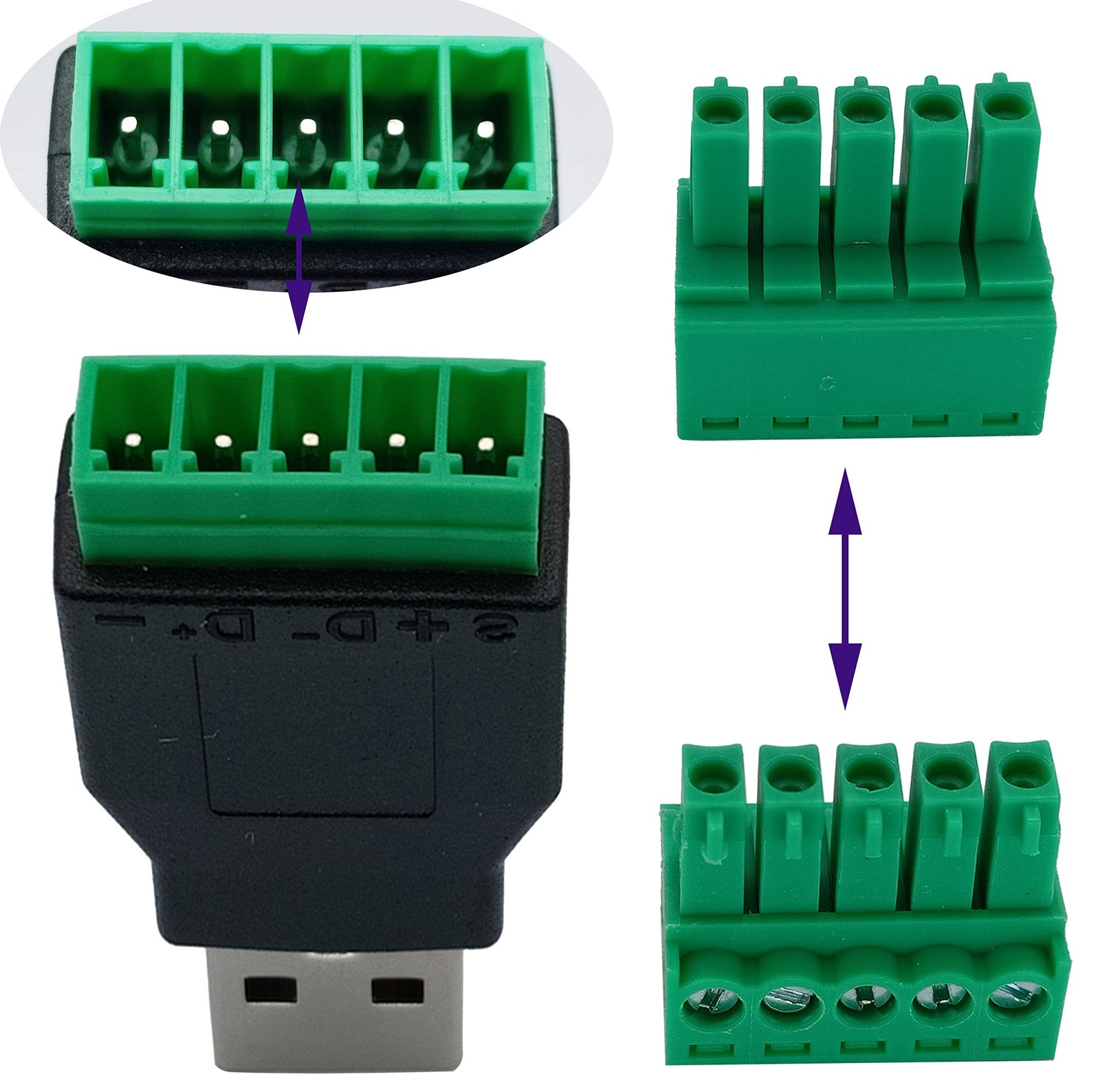 USB 2.0 A Screw Terminal Block Adapter USB 2.0 A Male to 5 Pin/Way Female Bol…