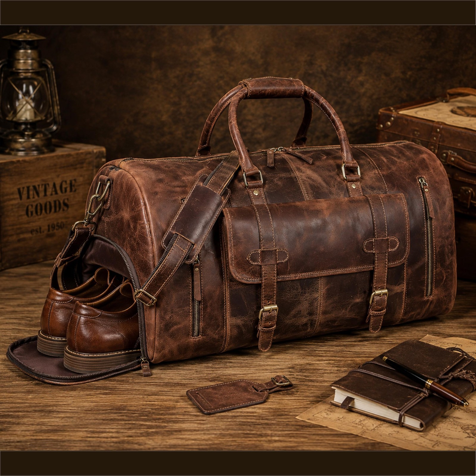 20 Inch Leather Duffel Bags for Men and Women Full Grain Leather Travel Overn…