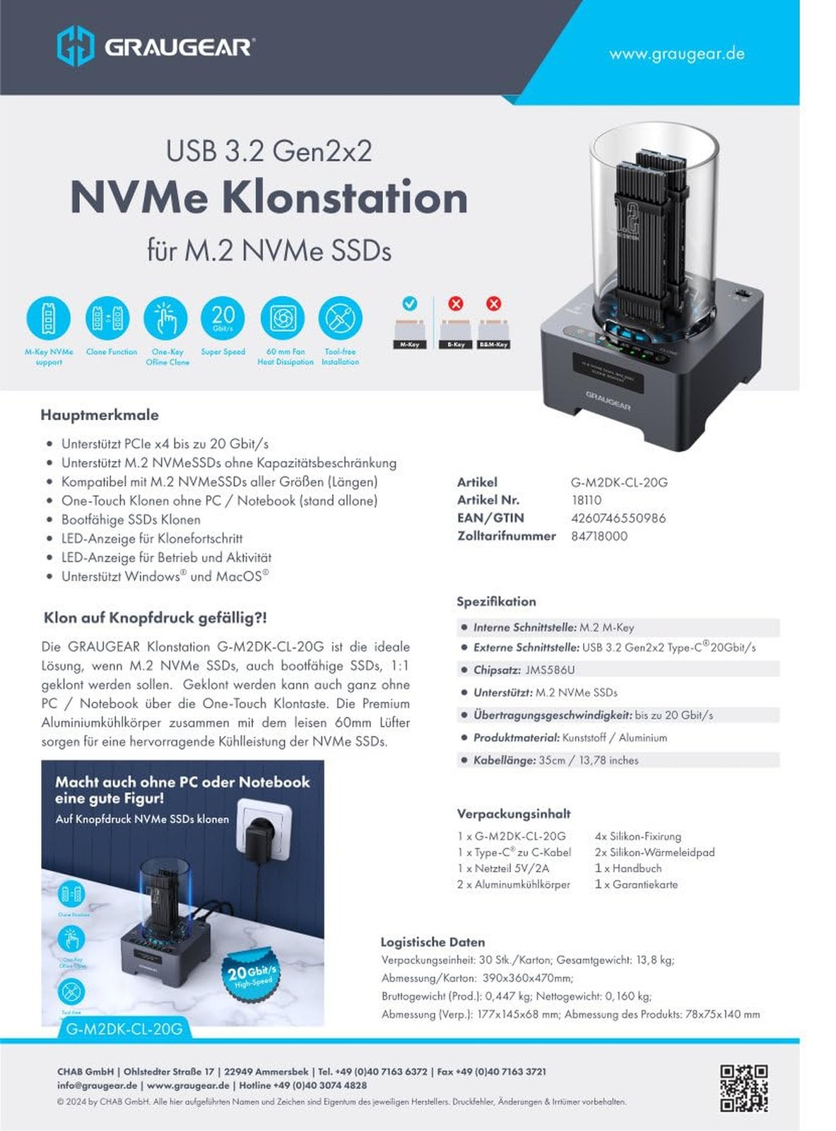 GRAUGEAR NVMe M.2 SSD Duplicator Dual-Bay Offline Clone Tool-Free, 20Gbps USB…