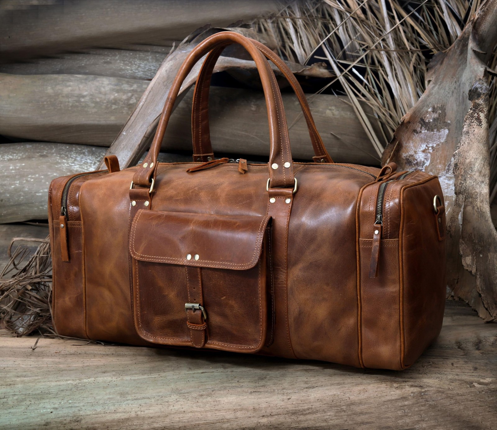 Leather Duffel Bag for Men & Women, Genuine Weekender Travel Bag, Handmade Ov…