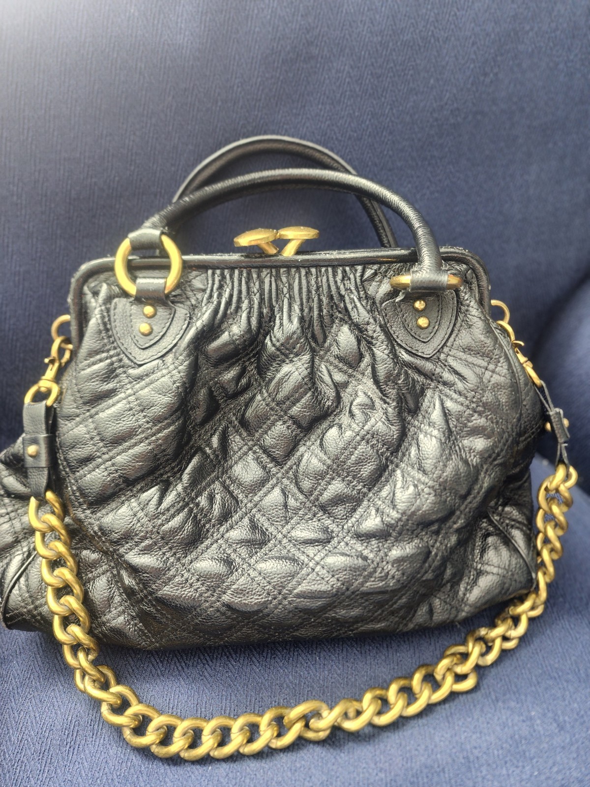 Marc Jacobs Black Quilted Satchel Gold Chain Hardware Designer Top Handle Italy
