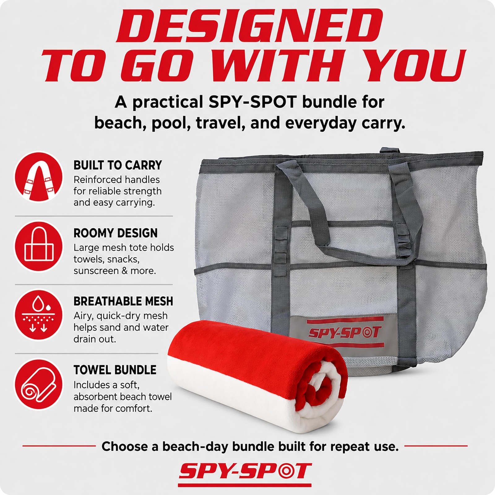 SPY SPOT Mesh Beach Tote Bag with 60×30 Towel Bundle, Large Quick-Dry Carryal…