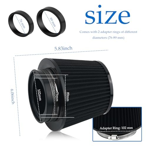 Cold Air Intake Filter with 76,89,102mm Adapter Ring,Round Cone Air Filter for