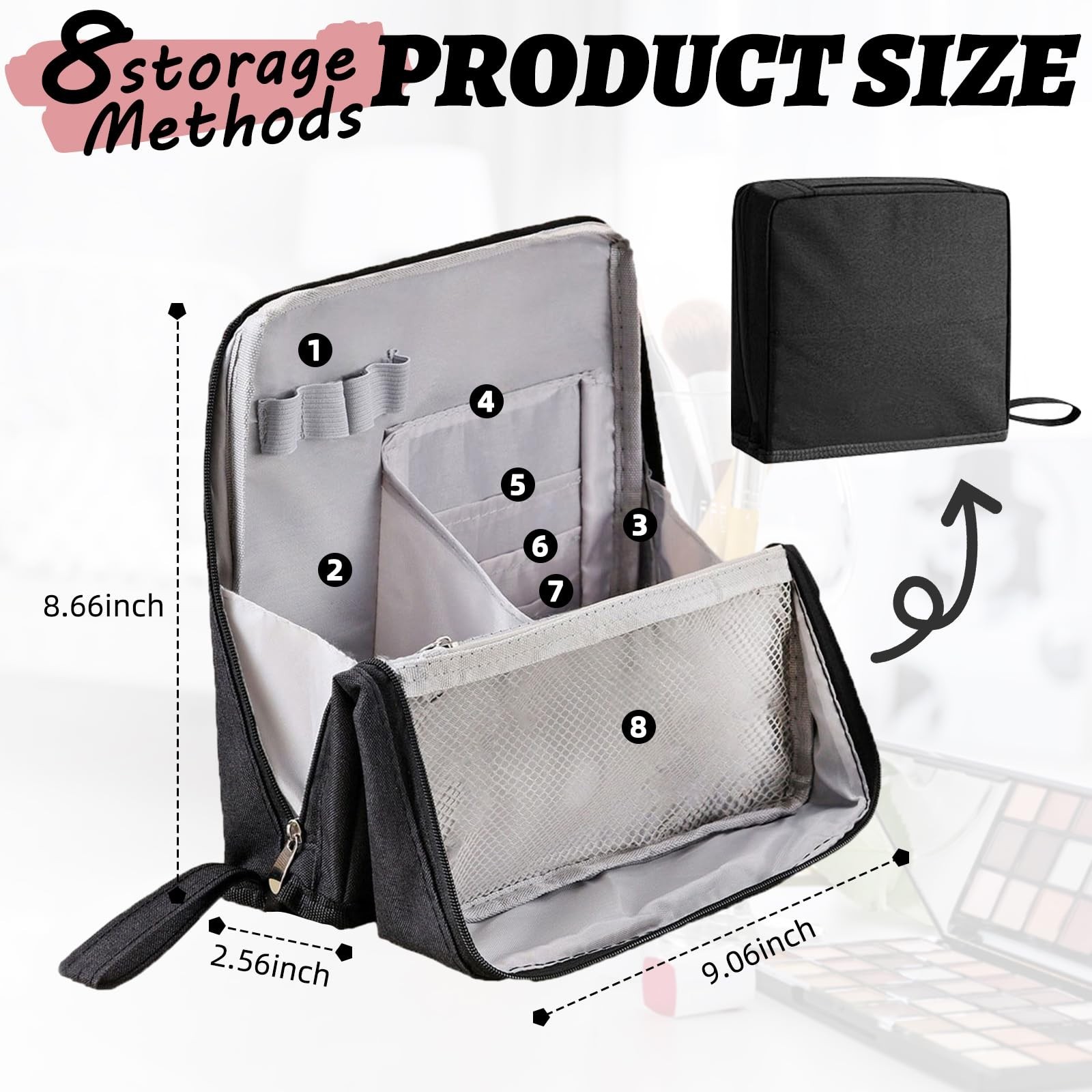 Standing Makeup Bag Organizer with 6 Brush Guards, Large Portable Makeup Orga…