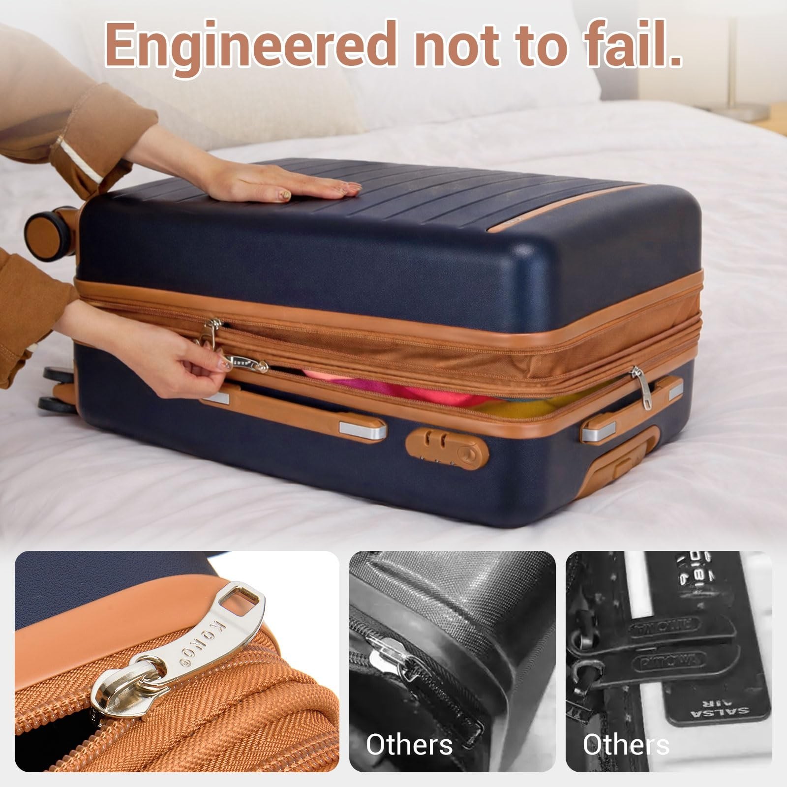 Kono Large Suitcase 28in Expandable ABS+PC 8pcs Silent Wheels luggage Navy/Br…