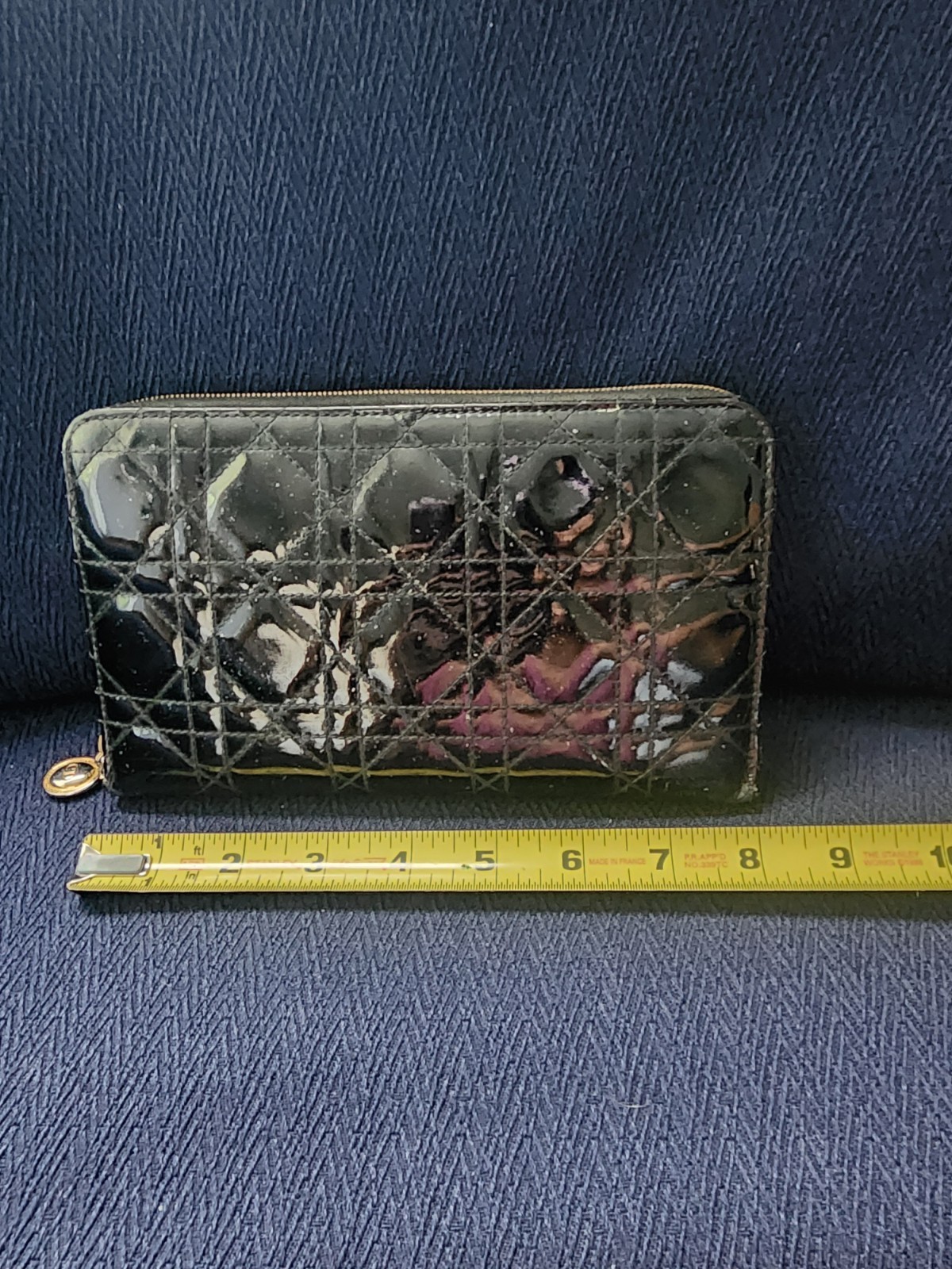 Christian Dior Black Quilted Zip-Around Wallet Gold-Tone Charm Logo Women’s