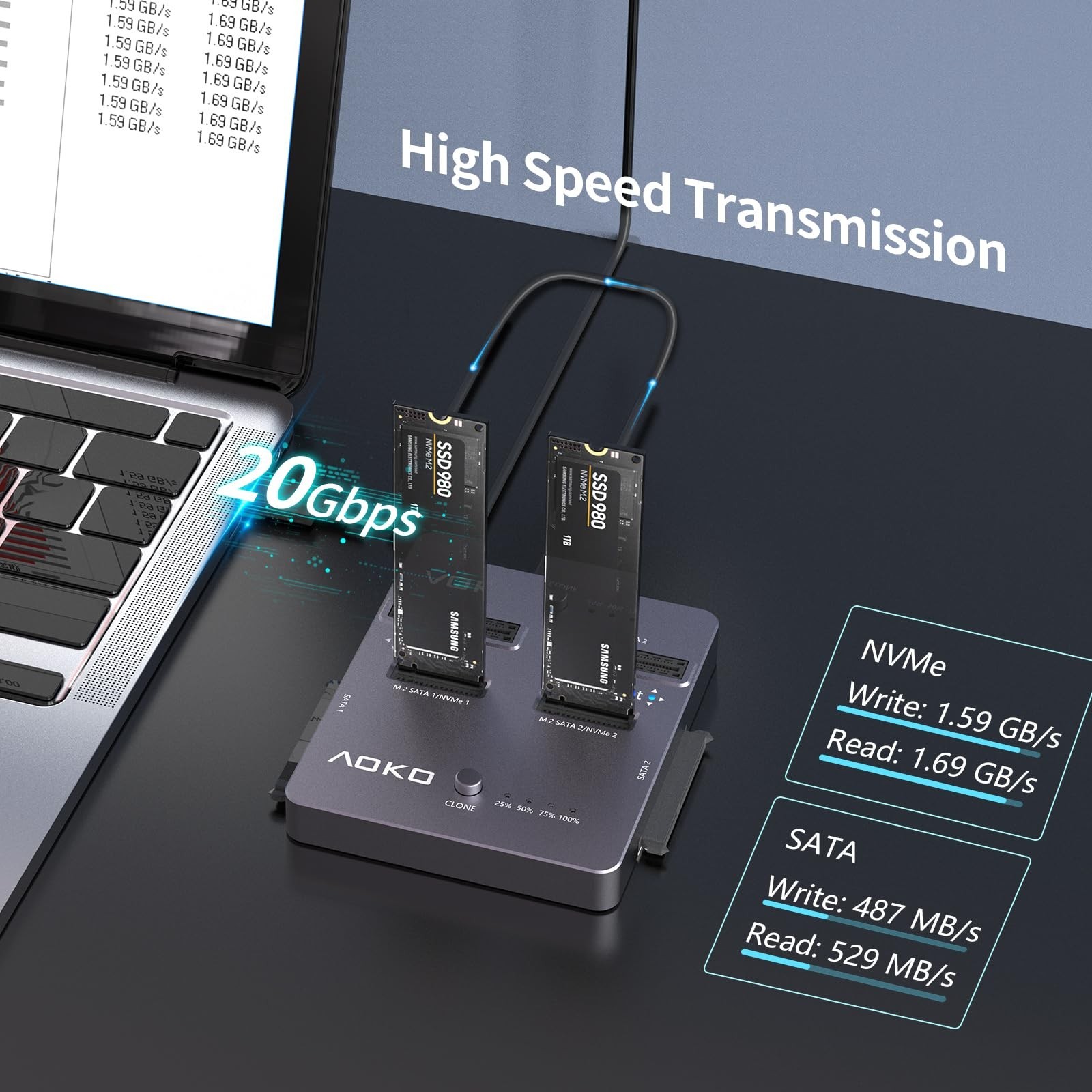 AOKO M.2 NVMe SSD Cloner, Dual-Bay 4-in-1 Hard Drive Docking Station,Hard Dri…