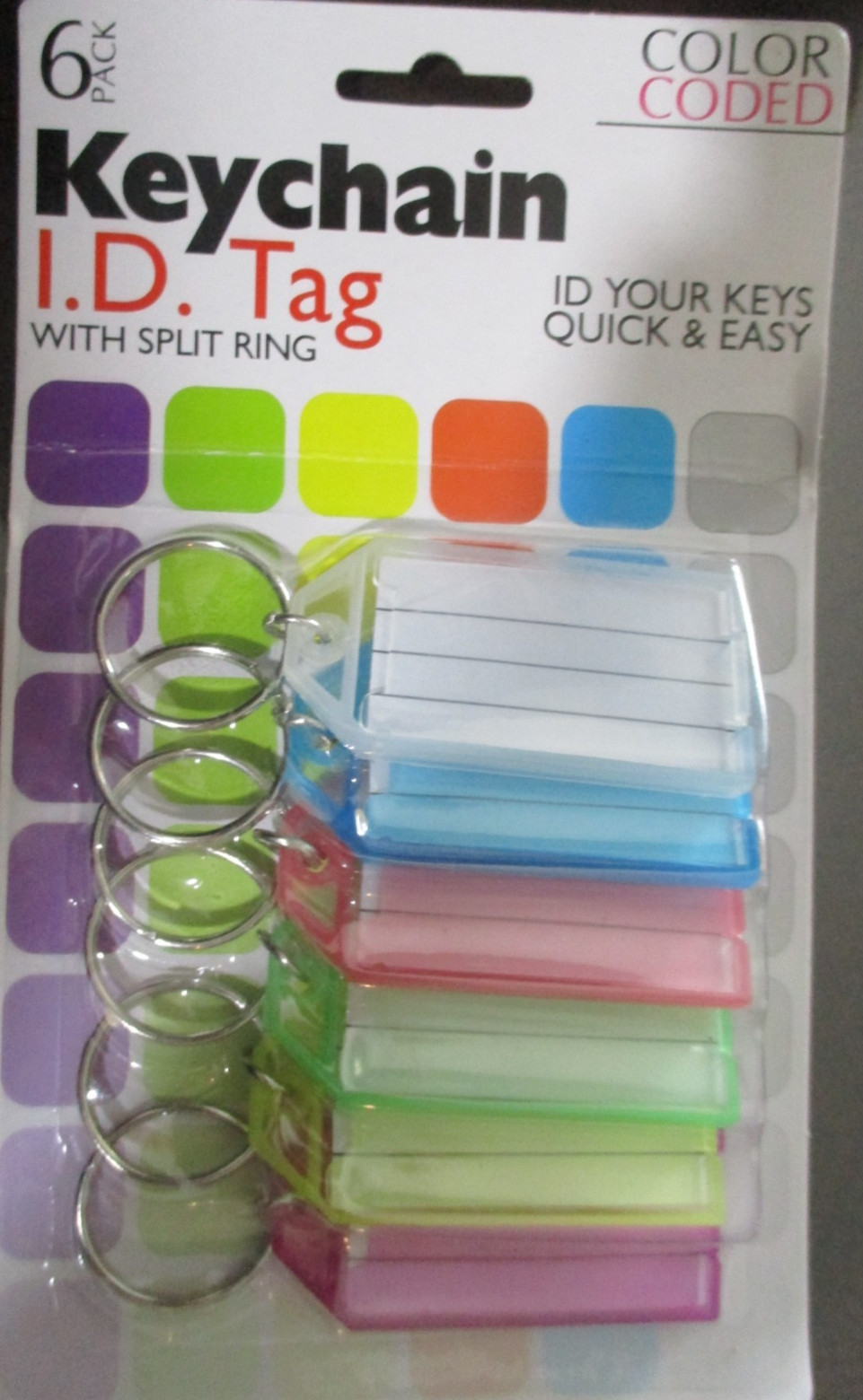 🧳🔑🆔Keychain I.D. Tag🏷 W/ Split Ring Color Coded 6 Pack