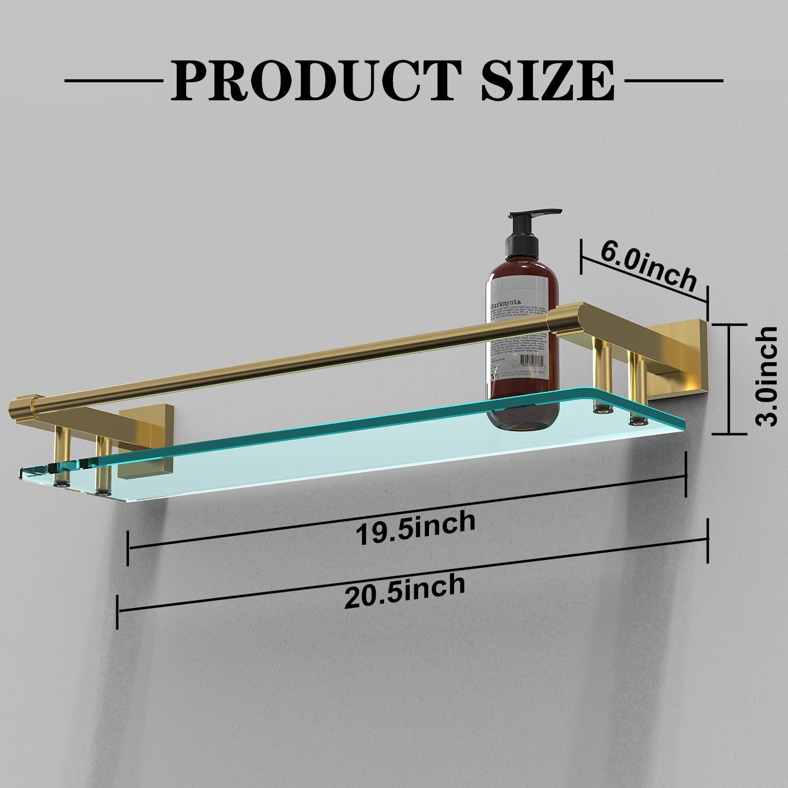 Glass Shelf for Bathroom, 20 Inch Tempered Glass with Brushed Gold Stainless …