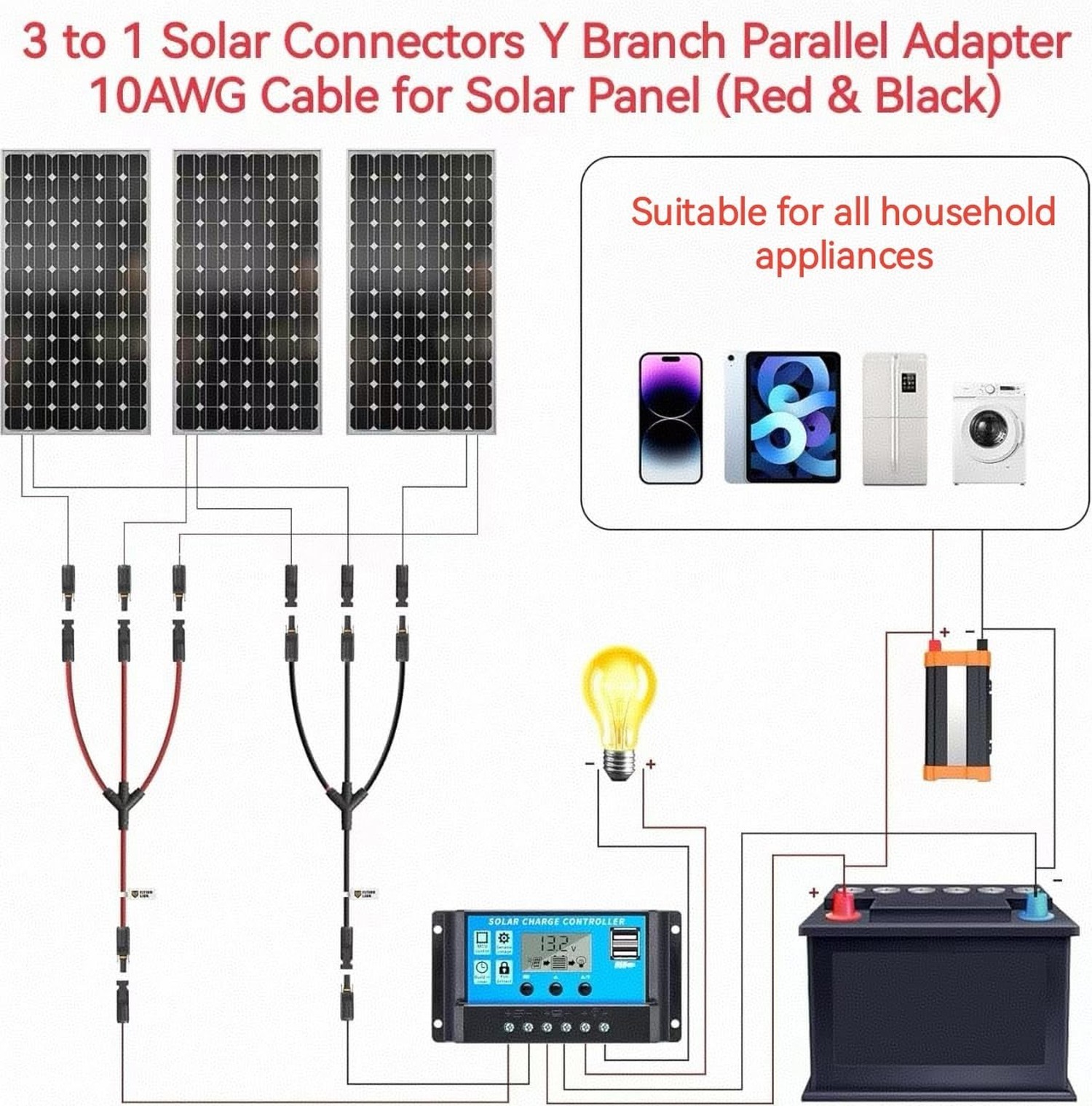 3 to 1 Solar Panel Connectors Y Branch, 1500V DC 30A, PPO Material, Parallel …