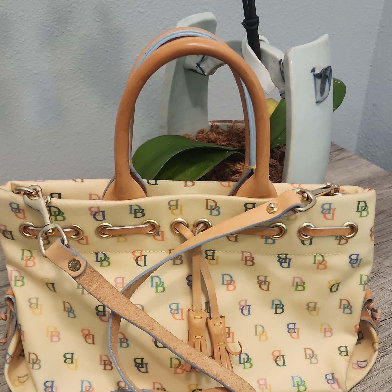 Dooney & Bourke Monogram Satchel Cream Multicolor Strap & matching coin wallet