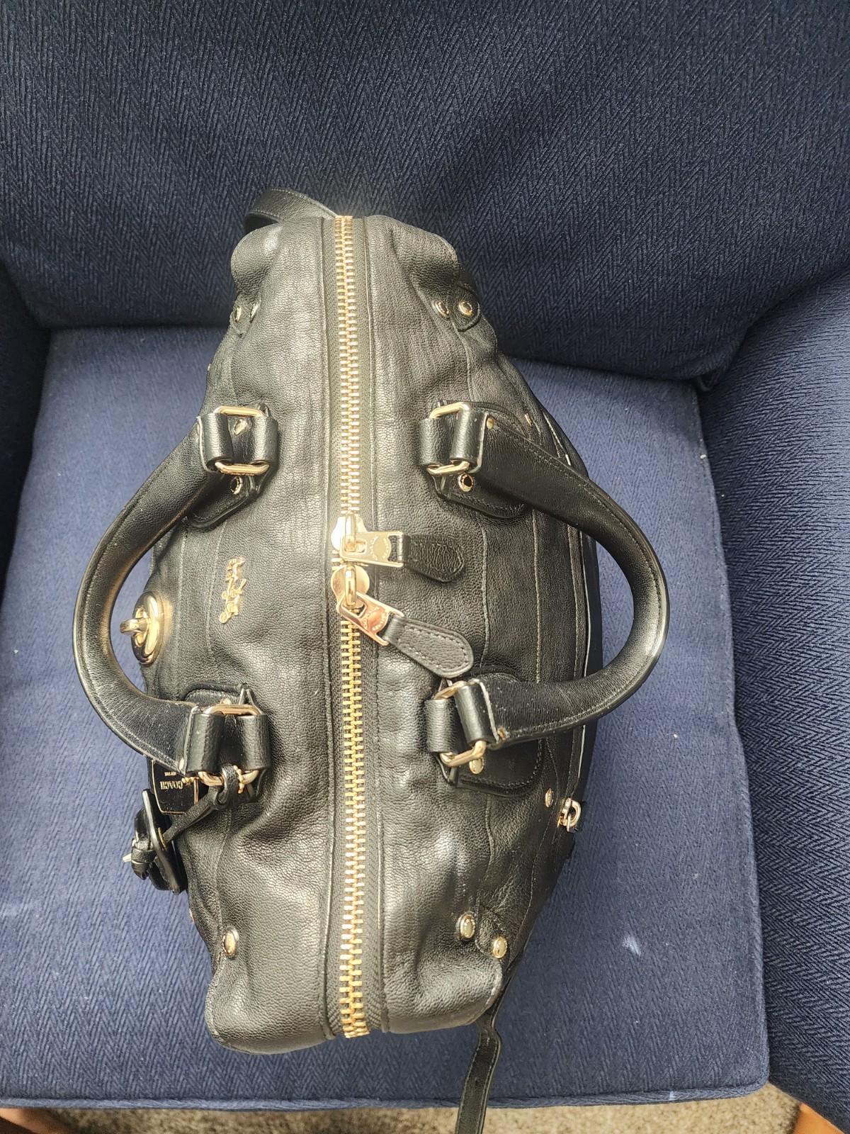 Coach Black Satchel Top Handle Gold Hardware Studded Accents Detachable Strap