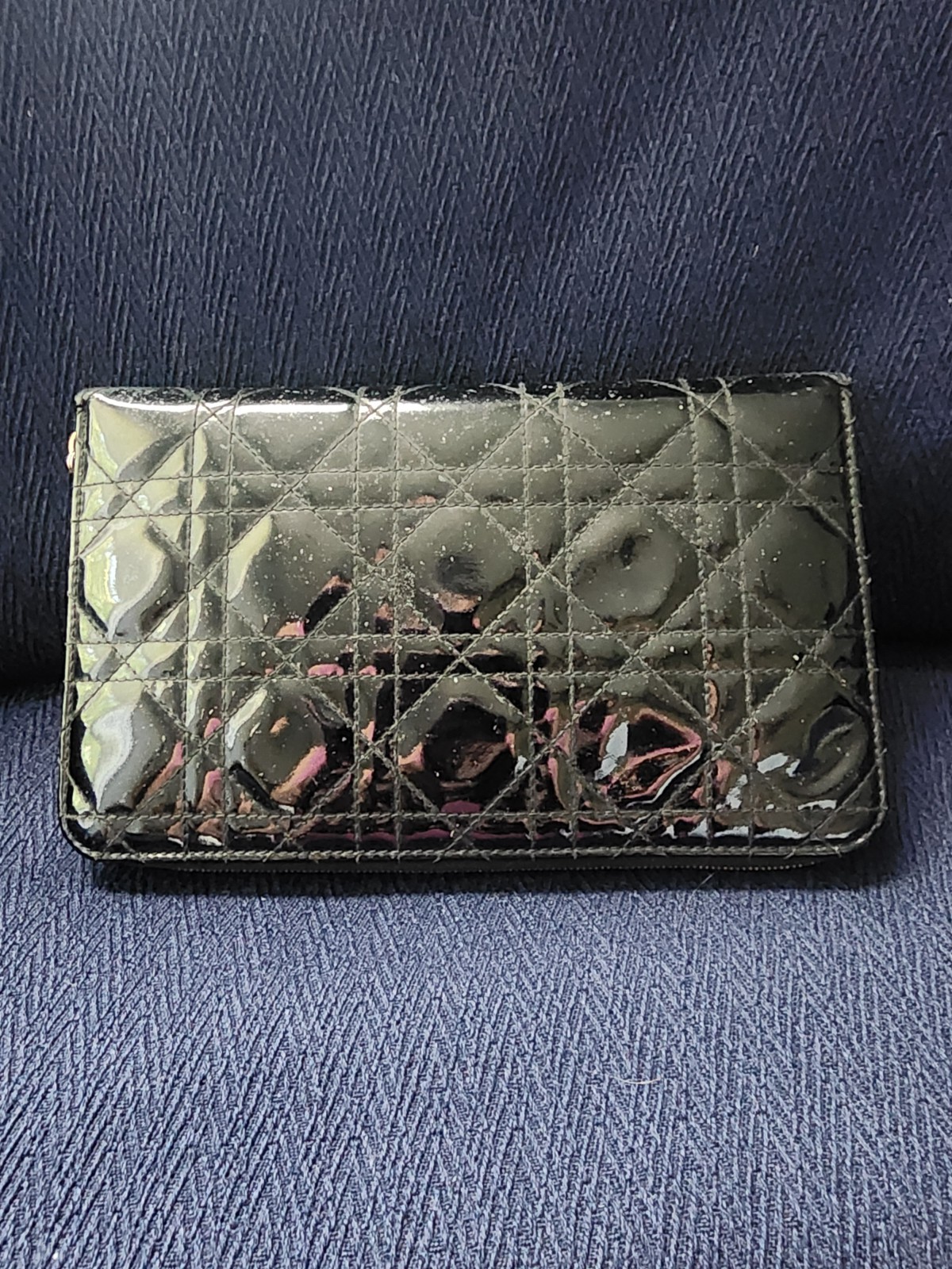 Christian Dior Black Quilted Zip-Around Wallet Gold-Tone Charm Logo Women’s