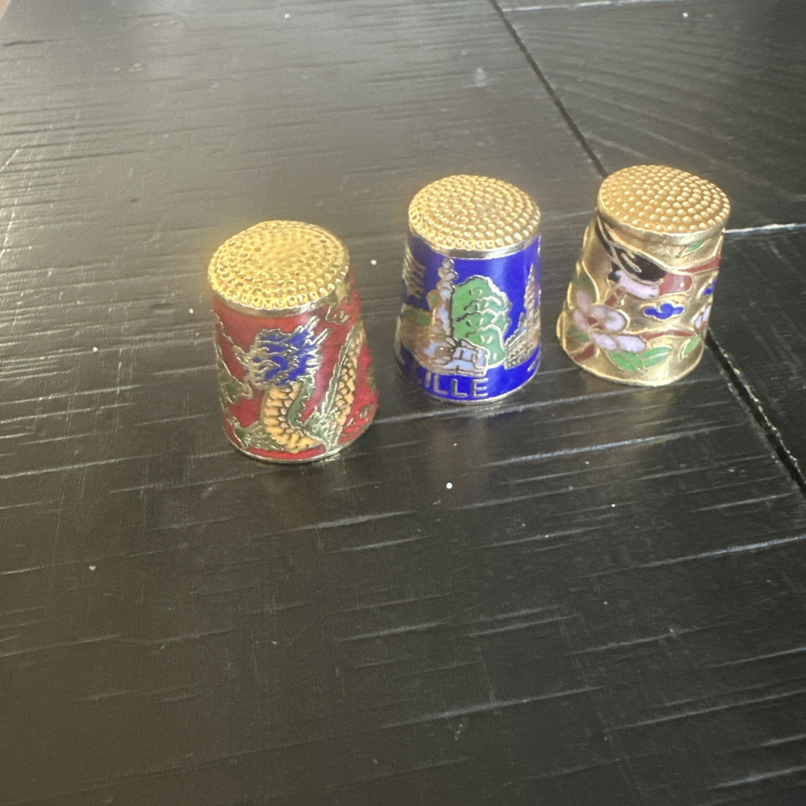 Vintage gold toned cloisonné enamel Thimbles x 3 great quality