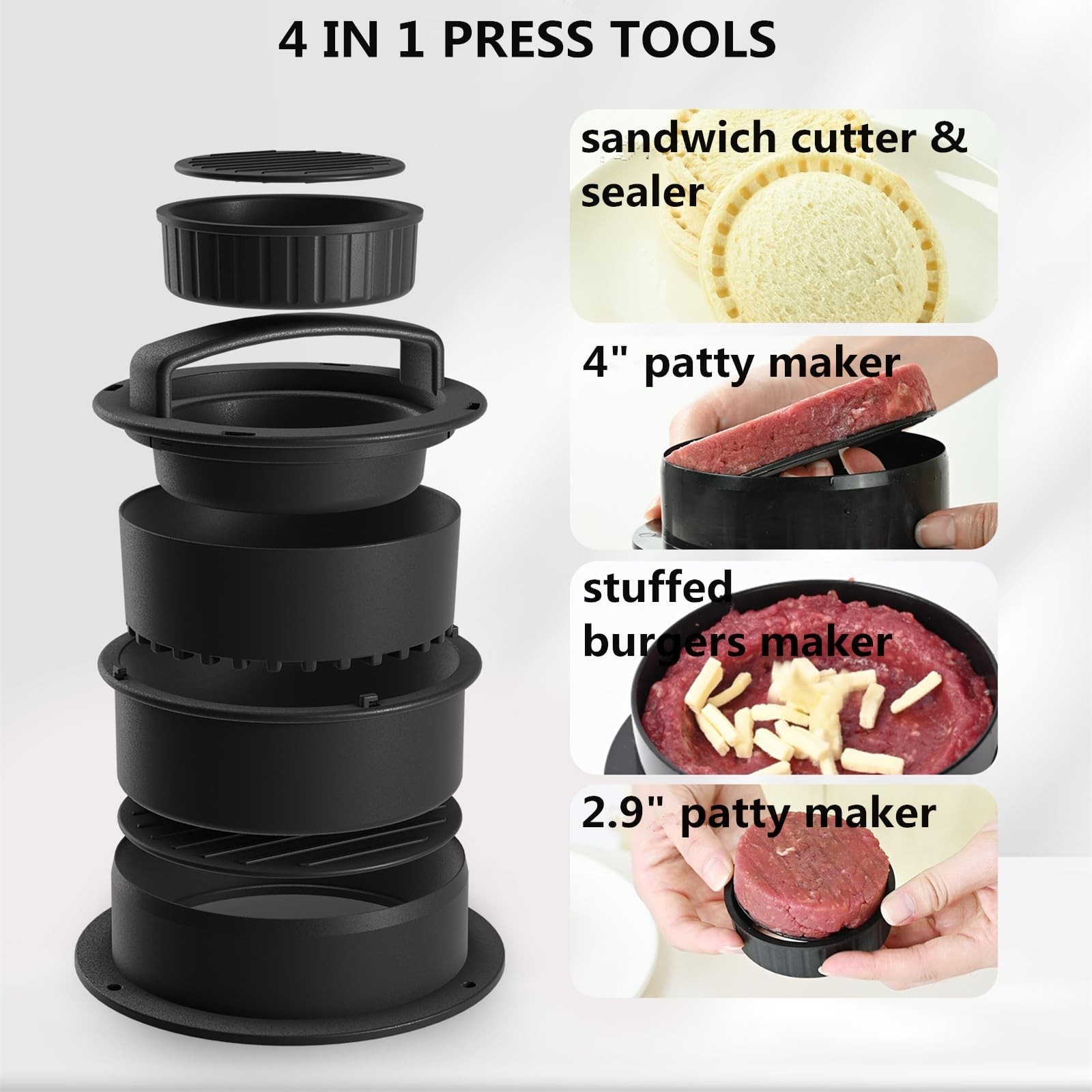 4-in-1 Burger Press Patty Maker, Sandwich Cutter and Sealer Set with 100 pcs …