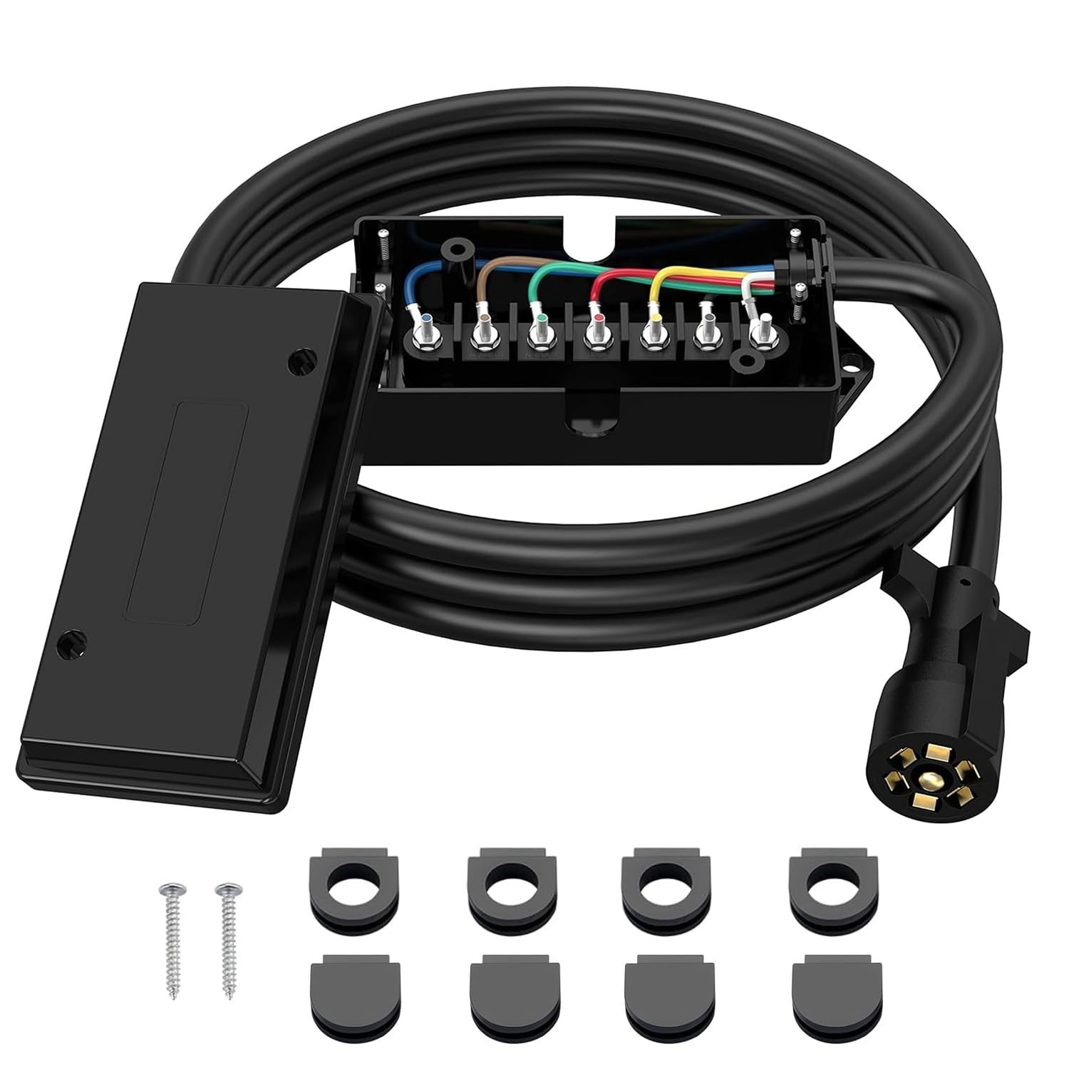 Aila 6FT 7 Way Trailer Wire Harness with Junction Box, 7 Pin Heavy Duty Conne…