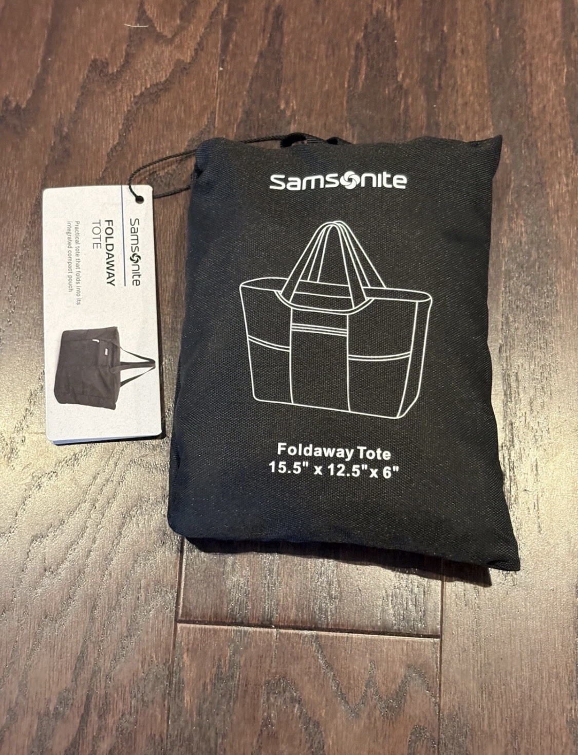 NEW Samsonite Black Foldaway Packable Tote Sling Bag 15.5 x 12.5 x 6 Inches NWT