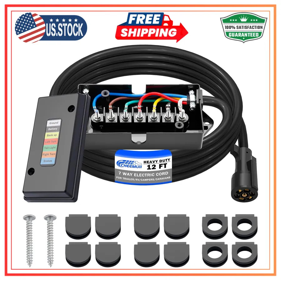 15FT 7 Way Trailer Wiring Harness Kit with Junction Box for RV Camper Trailer