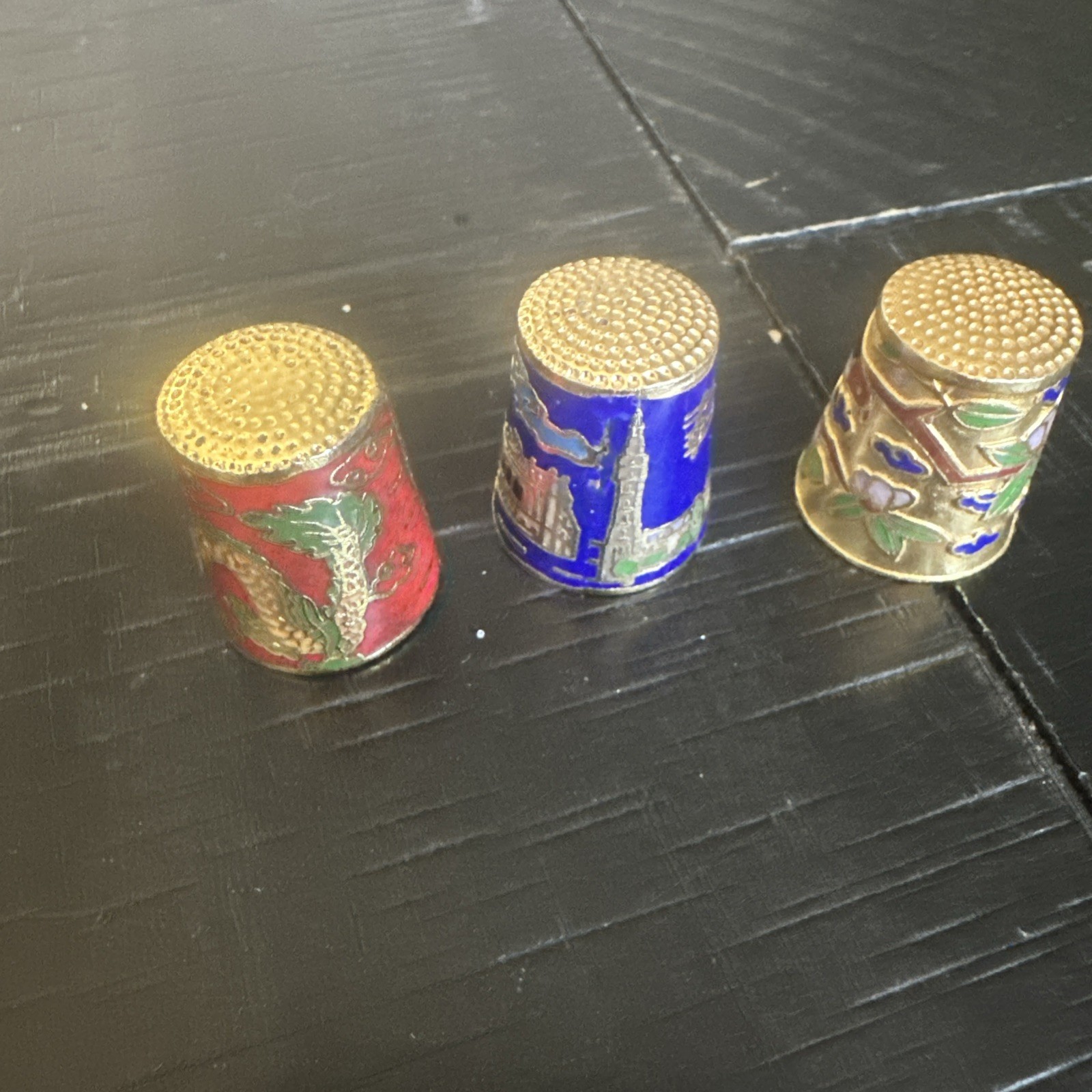 Vintage gold toned cloisonné enamel Thimbles x 3 great quality