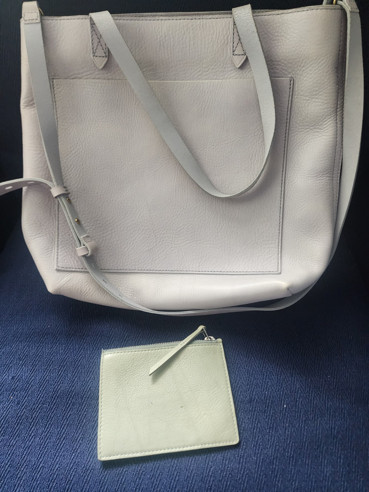 Madewell Light Gray Leather Tote Bag with Detachable Strap, Pouch, Zip Closure